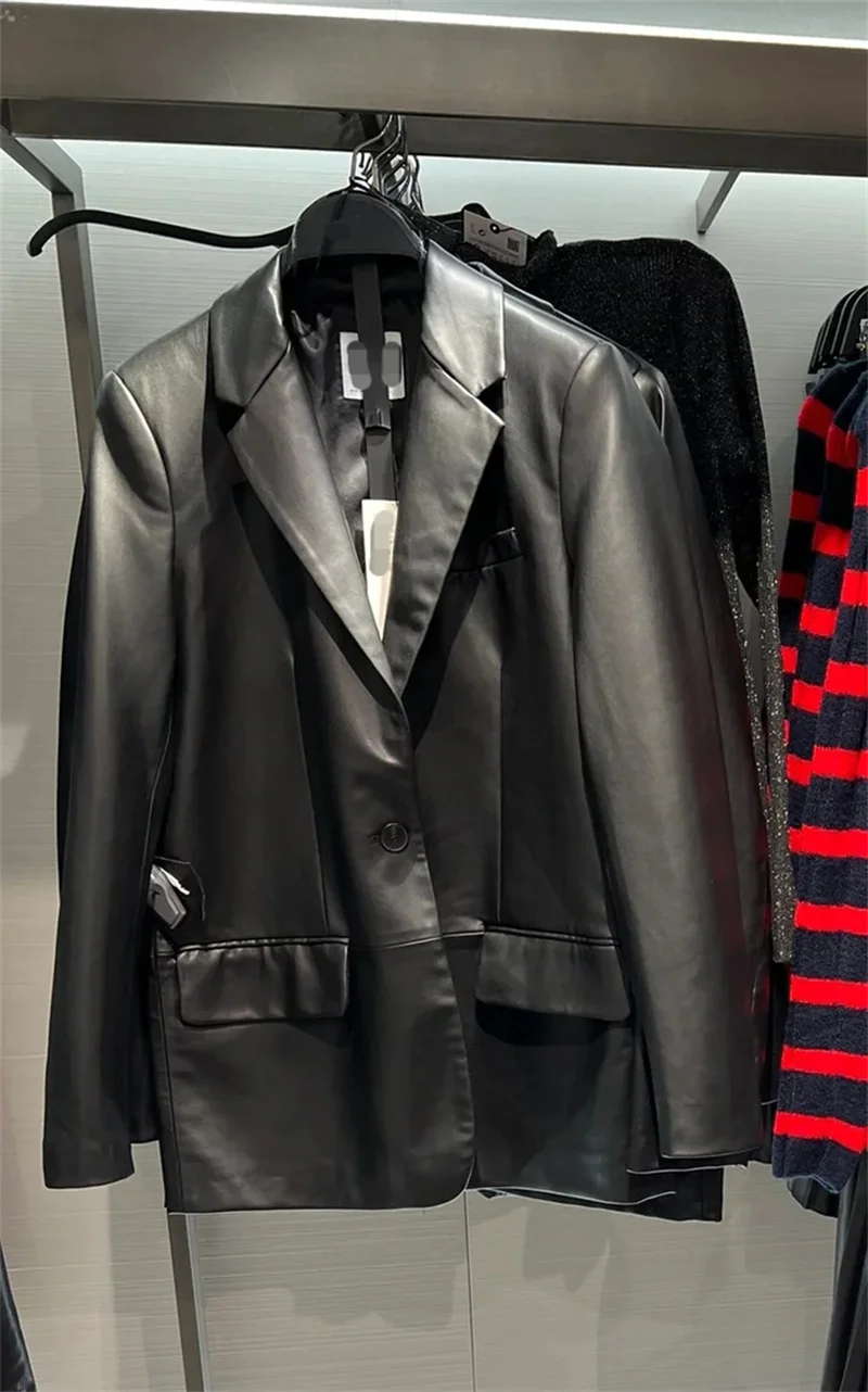 سترة نسائية خريف جديد 2025 بني داكن كم طويل جلد صناعي سترة فضفاضة مستقيمة شخصية عصرية متعددة الاستخدامات #6