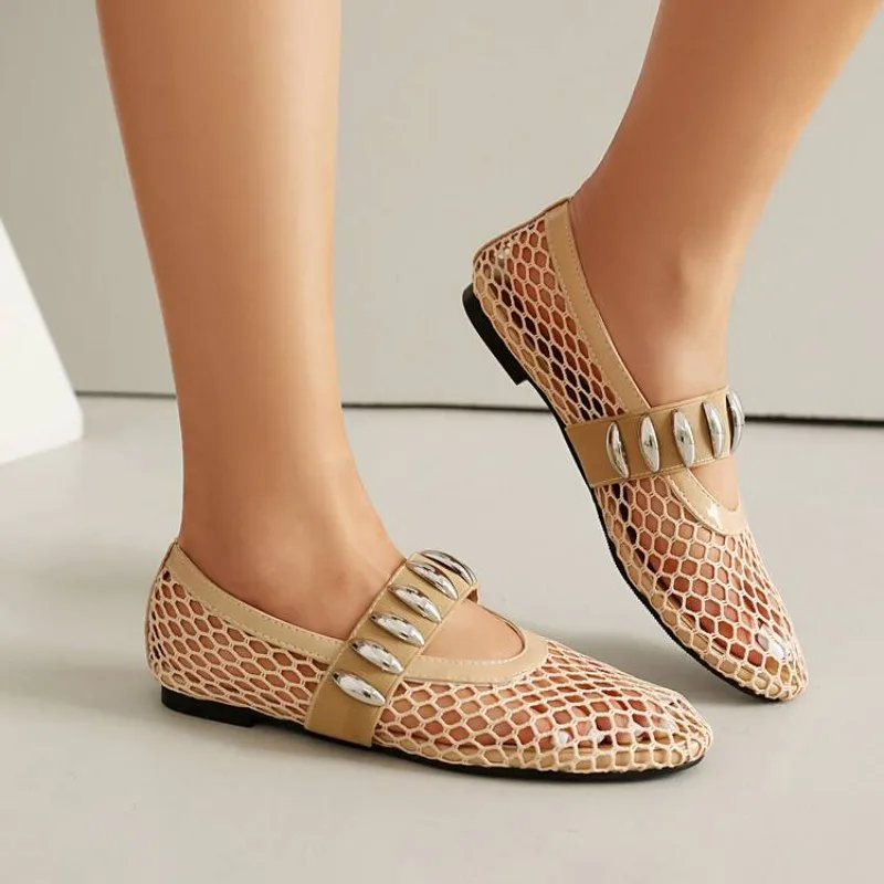 Spring and Autumn New style fashion Women's Shoes round toe Metal decoration Fishing net Solid Casual Women's Shoes size 34-48