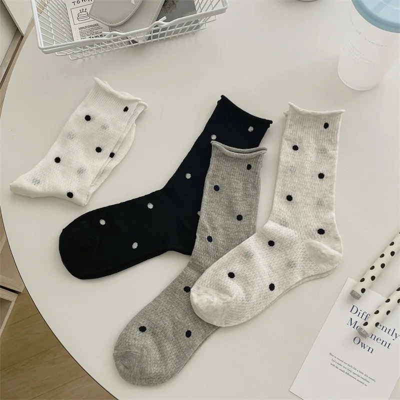 

Dot Socks for Women Spring Summer Thin Female Dot Print Cotton Socks for Girls Gift Cute Kawaii Black White Ruffle Sox Fashion