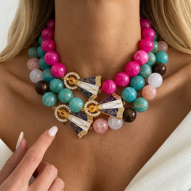 Resin Swirl-Patterned Bead-Drop Diamond-Encrusted Virgin Mary Pendant Necklace