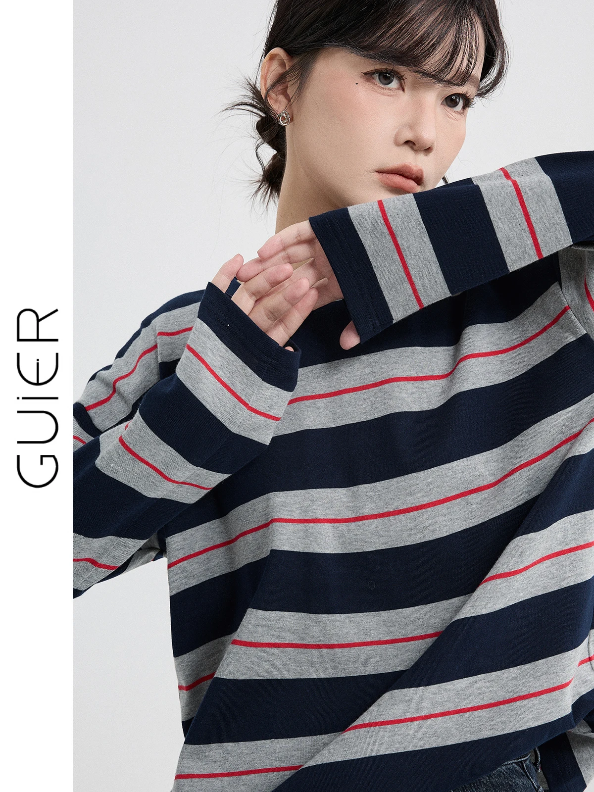 

Женская футболка свободного кроя в полоску с длинным рукавом и круглым вырезом, повседневный стиль, весенняя новинка, винтажный топ для стройности от Guier