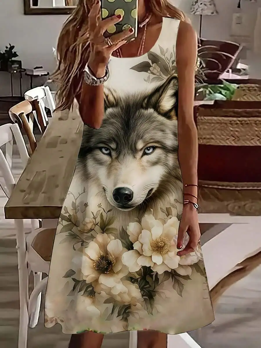 

Women Sleeveless Dress Wolf And Floral Print Summer Casual Dress