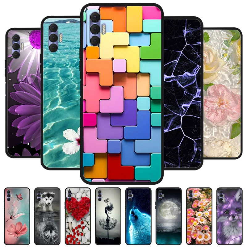 For Tecno Spark 8P 2021 Phone Cases Soft TPU Fashion Flower Black Painted Cover For Tecno Spark 8P KG7H Case Bumper Potective