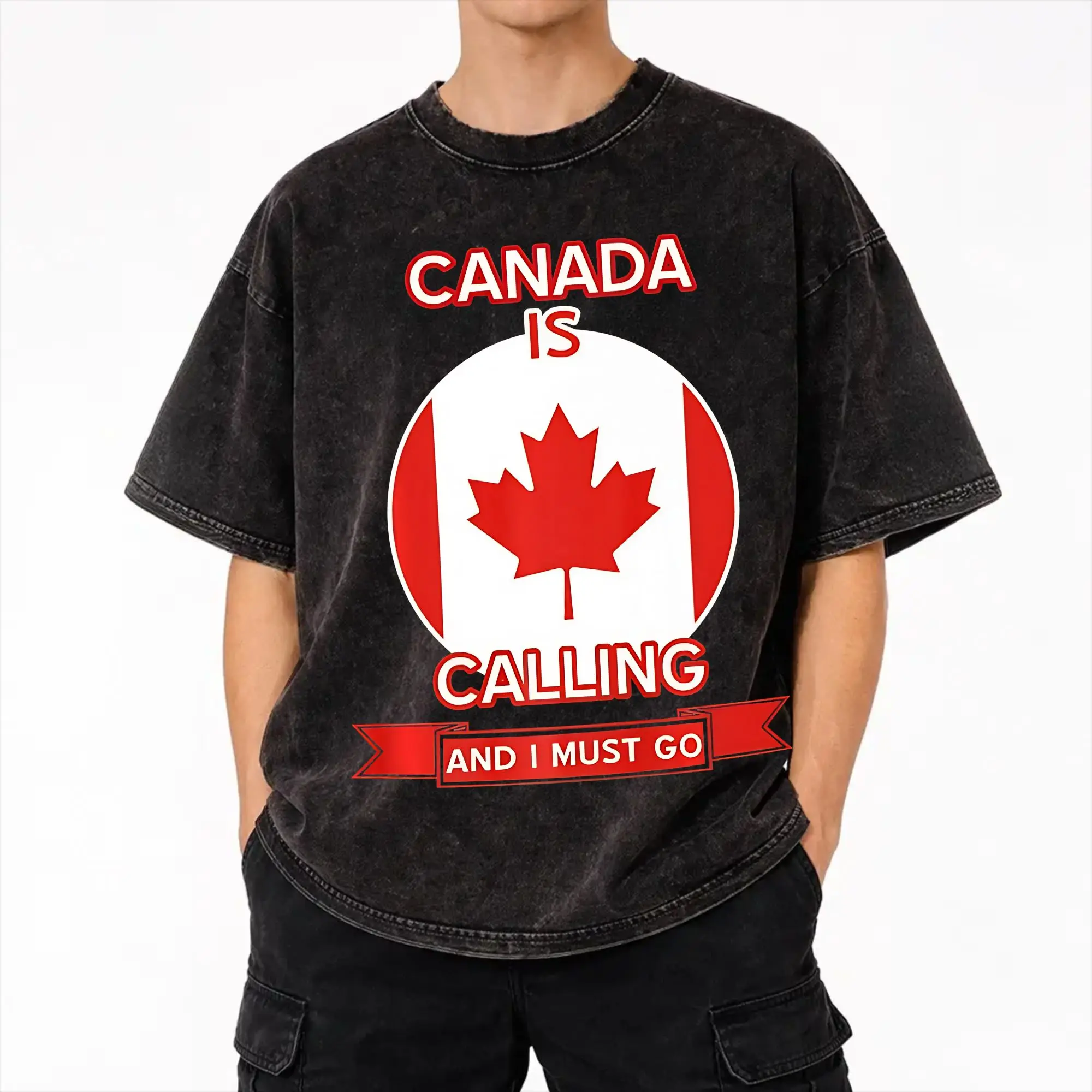 Printed  Funny Canada Is Calling and I Must Go Flag  Washed Shirts Outfit Oversize T-Shirts  for Men Women Tee