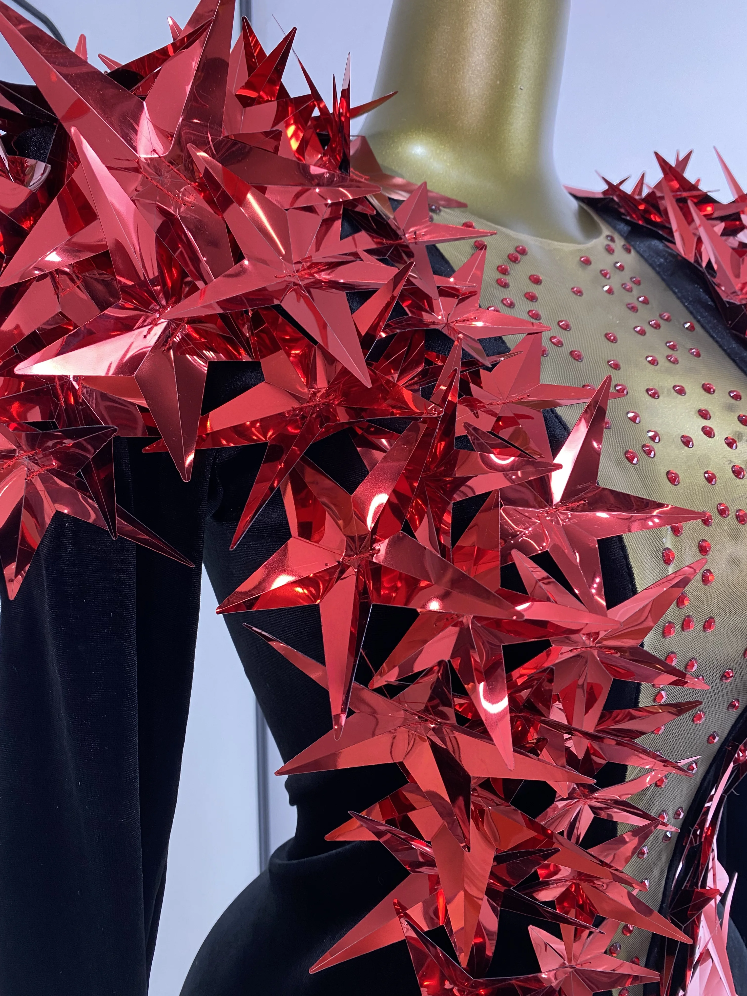 

K-Pop Performance Costumes Black Long Sleeve With Red Stars Rhinestones Leopard Evening Club Party Ballroom Dj Gogo Dress