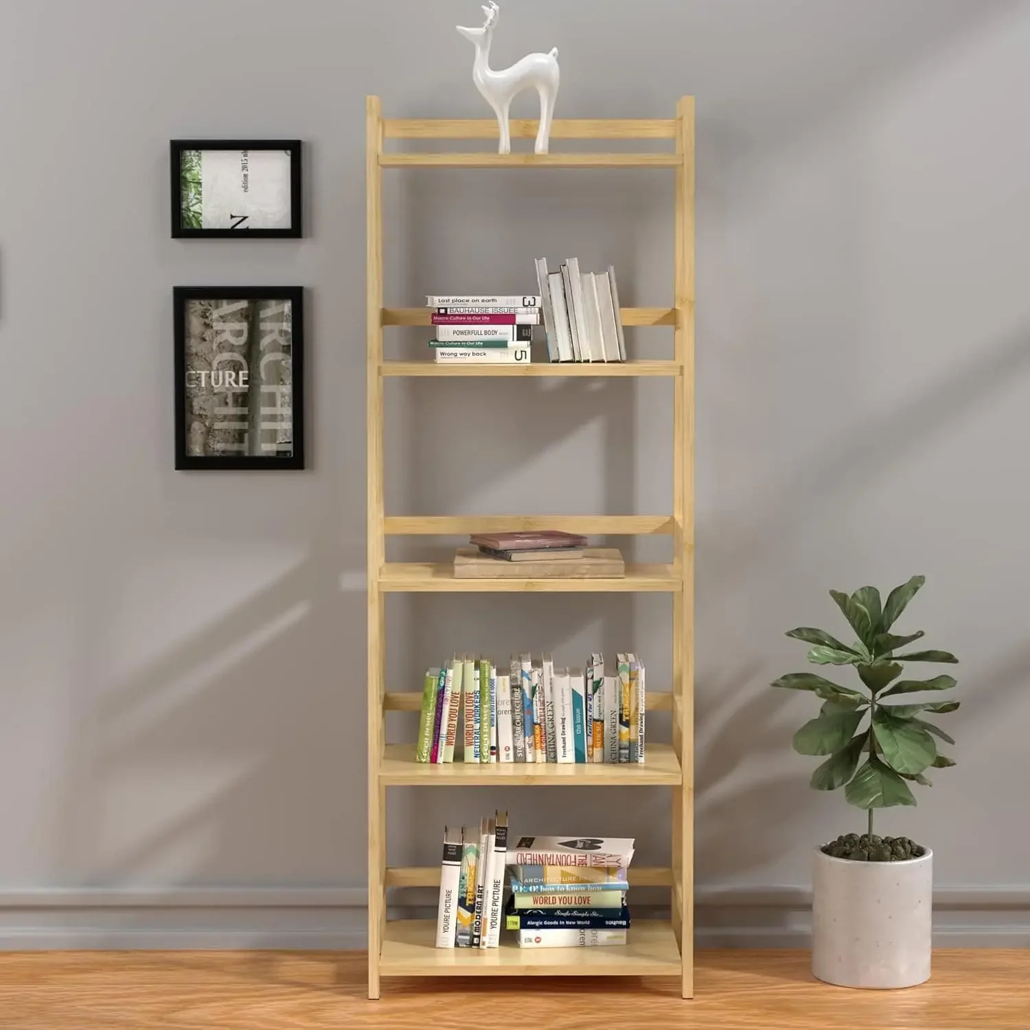 Bookshelf 5 Tiers, Bamboo Bookcase Book Shelf Storage Organizer Modern Display Shelving Unit Tall Book Shelf Corner Storage Rack