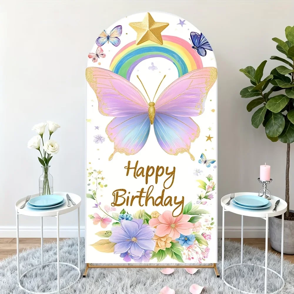 

LS Custom Butterflies Rainbow Happy Birthday Backdrop for Cake Dessert Table Watercolor Flowers Arch Background Decorations