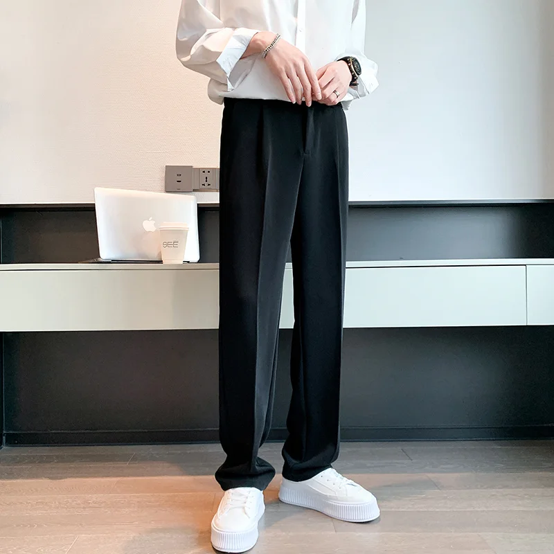 Pantalones de traje sueltos informales para hombre, Pantalones rectos que combinan con todo, cremallera de retazos, bolsillos con botones, primavera y verano, Color sólido, nuevo