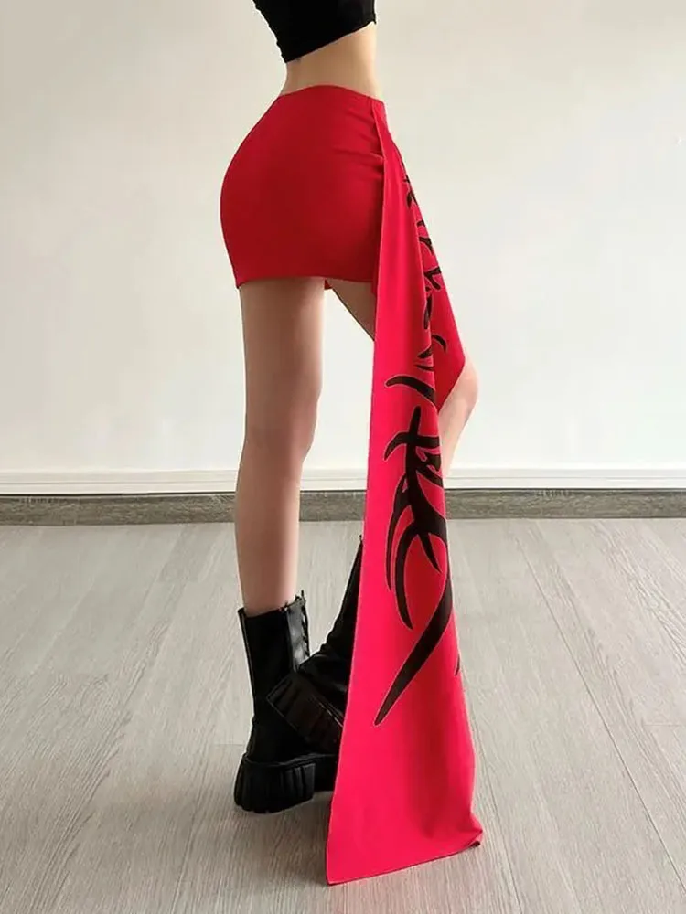 Y2k Aesthetic Graffiti Print Mini Skirt Women Harajuku Sexy Irregular Ribbon Waist Slim Fit Skirts Retro Streetwear Ins