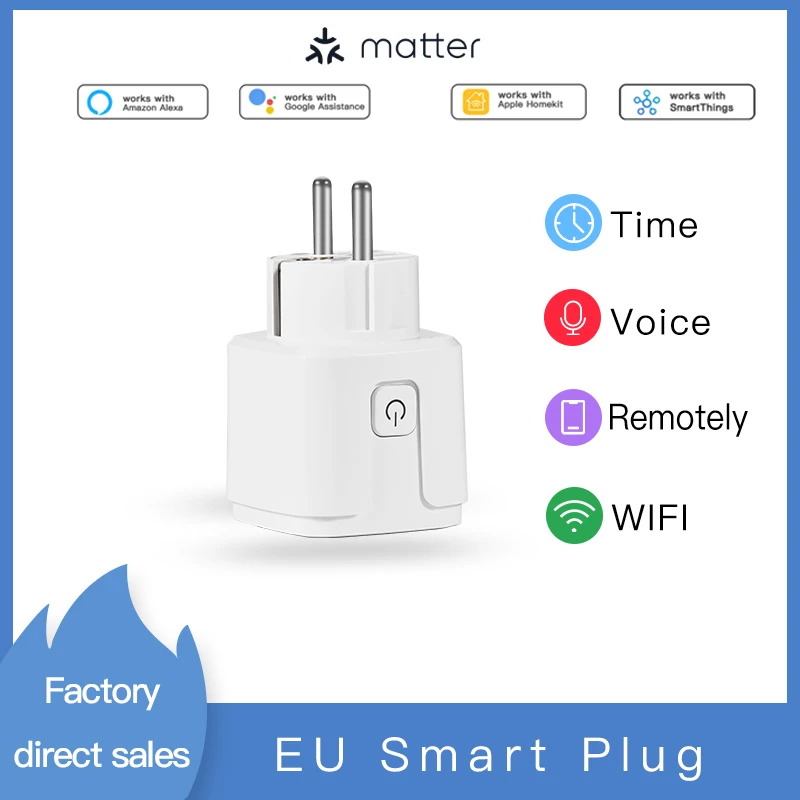 Matter 16A Wifi Smart Socket with Power Monitor EU/France Plug Home Appliance Outlet Works with Homekit Alexa Google