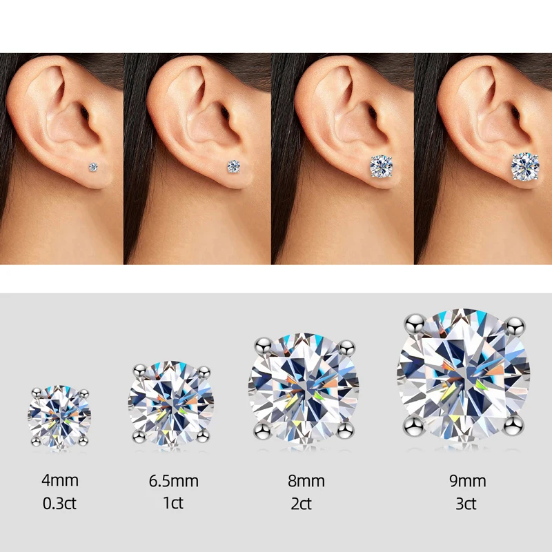 Sparkling D‑Color Moissanite Stud Earrings for Women, 3‑11mm Sizes 0.1‑5.0CT Options, 925 Sterling Silver Fine Wedding Jewelry, Ideal Birthday Party Anniversary Holiday Gift Accessories