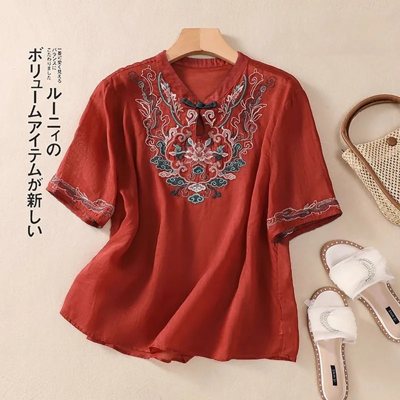 Summer New Chinese Style Pullovers Crew Neck Pan Button Embroidery Spliced Short Sleeve Elegant Loose Commuter T-shirt Tops