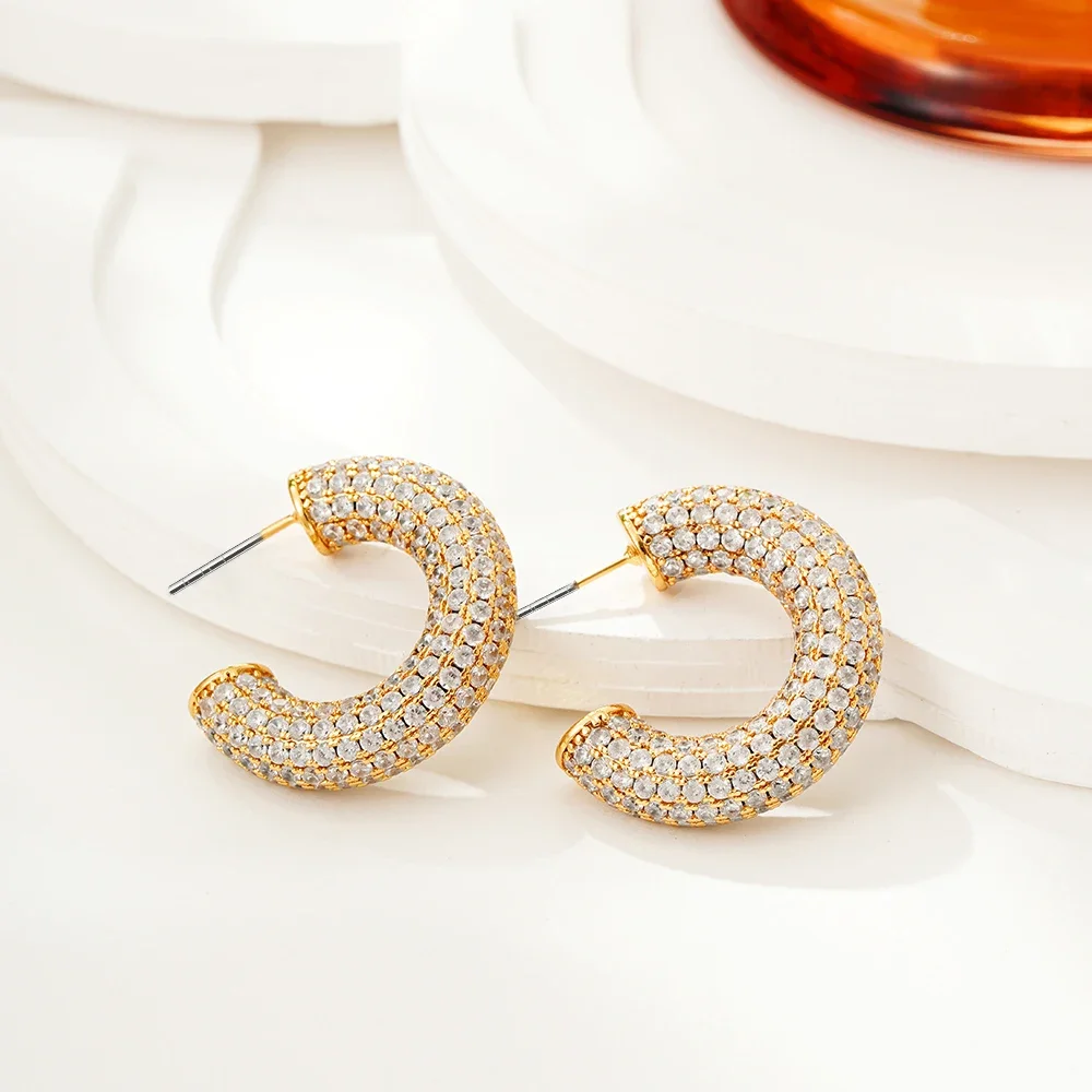 Stainless Steel Thick Round Tube C Shape Gold Plated Hoop Earrings Sparkle Inlay Zircon Geometric Ear Rings New in Japan Korea