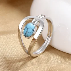 Unisex Oval Blue Stone Wedding Bands Synthetic Turquoise Rings For Women Men Silver Color Vintage Engagement Ring Party Jewelry