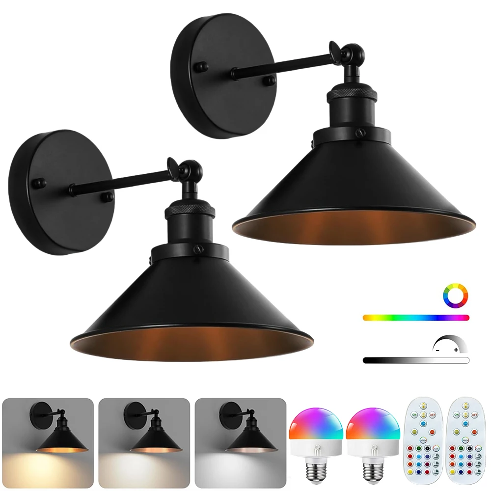 2X Retro LED-Wandleuchte, wiederaufladbar, kabellos, RGB-dimmbar, mit Fernbedienung, ideal für Schlafzimmer, Kopfteile, Wohnzimmer