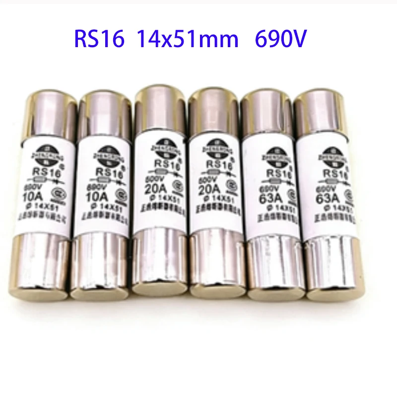 20Pcs RS16 Ceramic Fuse Tube Core 14x51mm 690V-50KA 500V-100KA 10A 16A 20A 25A 32A 63A 690V Sizes for Electrical Protection