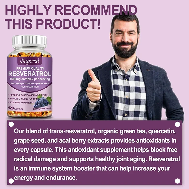 كبسولات ريسفيراترول - مضادة للأكسدة، مكمل مضاد للشيخوخة، يدعم صحة القلب، المفاصل، وظيفة الدماغ، صحة الجهاز المناعي