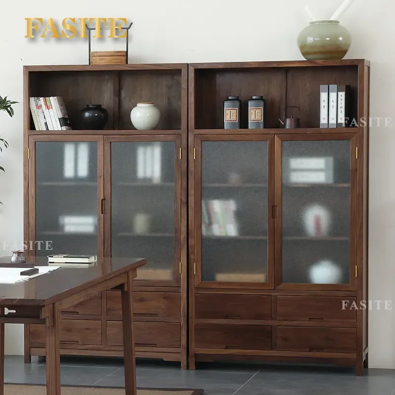 Black Walnut Solid Wood Bookcase Floor to Ceiling Glass Display Cabinet Modern Storage Locker Combined Shelving Unit for