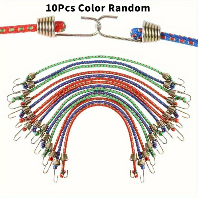 10-Pack Heavy-Duty Elastic Straps with Metal Hooks for Outdoor Tent Storage - Elastic Tear-Resistant Fasteners, Suitable for Tents, Bicycles, Camping Gear, and Tying Items - Ideal for Home, Outdoor, and Warehouse Use; Durable Materials, Reinforced Rope Design, Perfect Organization and a Great Choice for Outdoor Enthusiasts