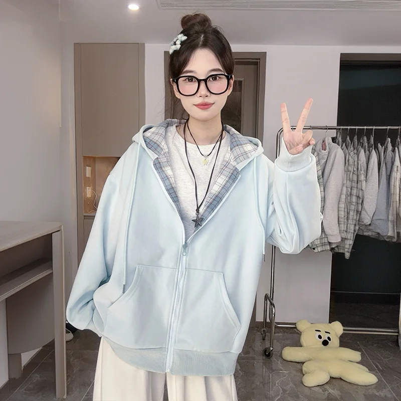 

Стильный женский кардиган оверсайз с капюшоном, свободный крой, в клетку, премиум-класса, осенний, с длинными рукавами, на молнии, с карманами, стандартный крой, для повседневной носки