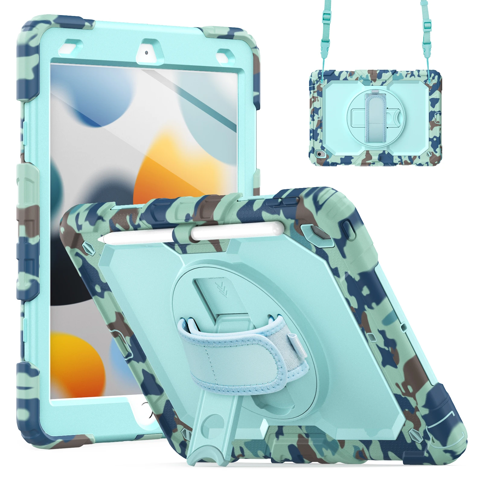 

Защитный чехол для экрана для iPad 10,2, 2019, 2020, 2021, 7, 8, 9-го поколения, гибридный чехол с вращающейся подставкой на 360 градусов и шейным ремешком