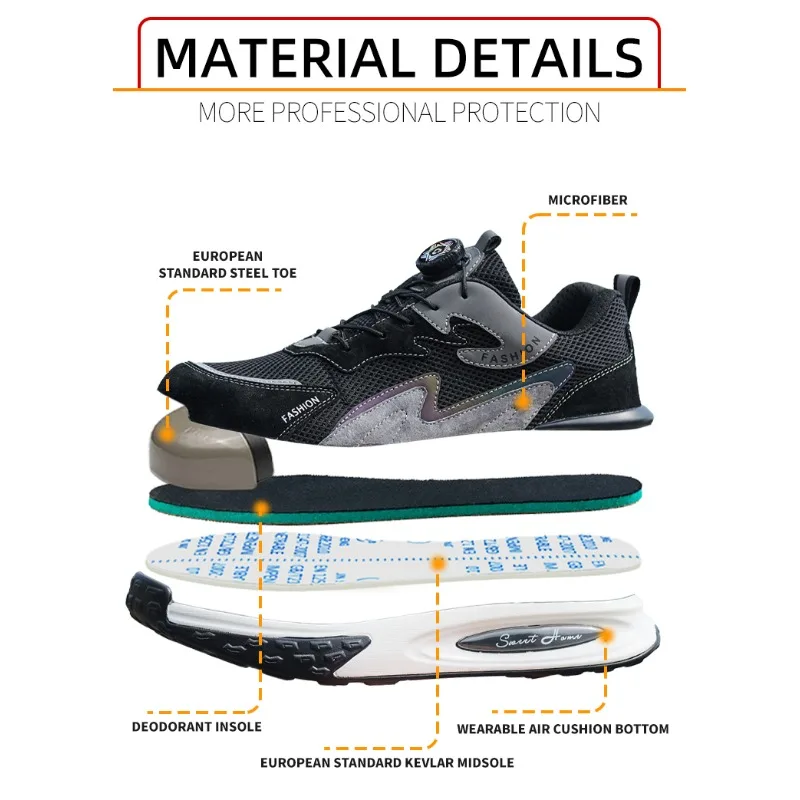 Fashion Latest Styles Men Work Safety Shoes Sneakers Steel Toe Anti Smashing Labor Shoes Lightweight Indestructible Male Boots