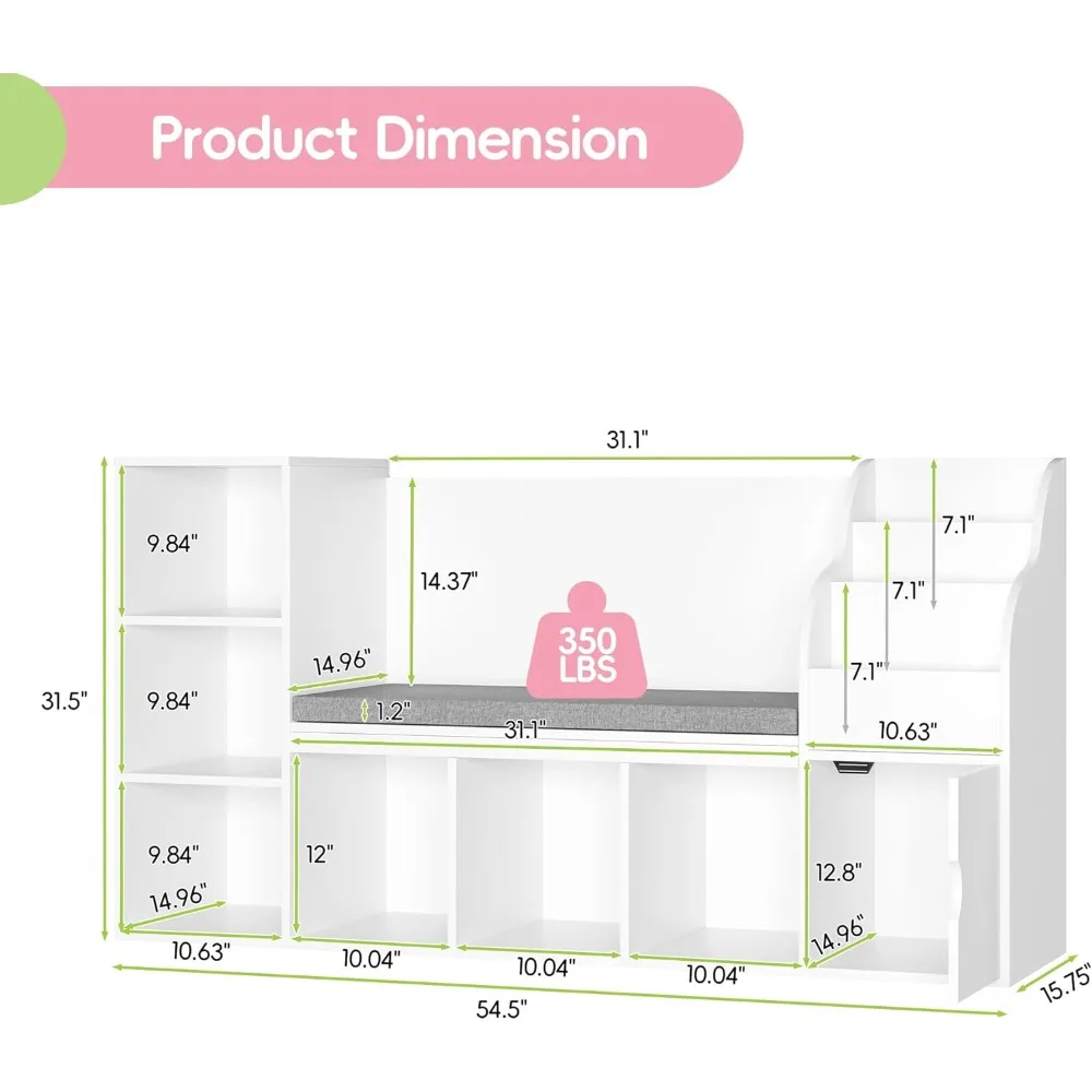 MU Kids Bookshelf with Reading Nook, Toddler Bookcase Bench with Seat Cushion and 7 Storage Cubbies, Kids Reading Nook for Boys