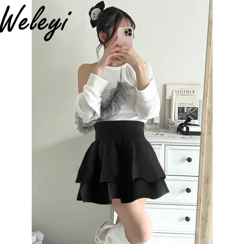 

Super Popular Goth Kawaii Skirt Summer Streetwear New 2024 Japanese Sweet Lined Ruffle Edge High Waist A Word Faldas White Jupes