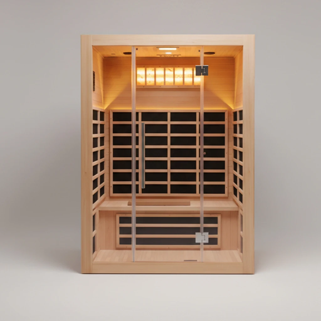 Luxury 2 Person Infrared Sauna Room With Backlit Himalayan Salt Wall Canadian Red Cedar Full Spectrum Home Sauna Spa