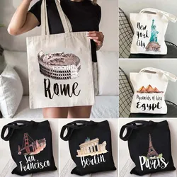 Milan Moscow Netherlands New York Paris Taj Mahal Egypt Rome San Francisco Berlin London Parthenon Cute Canvas Tote Bag Handbags