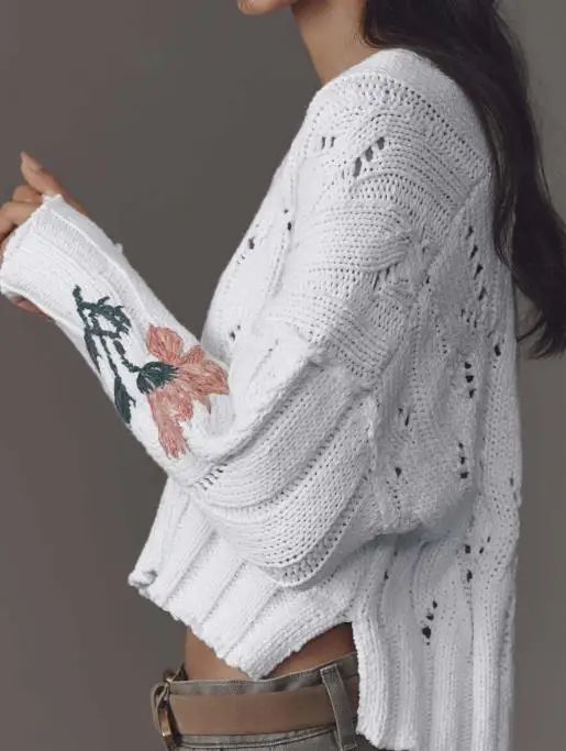 

Sweater 2025 Autumn/Winter New V-neck Embroidered Flower Lazy Style Short Long Sleeve Knitted Top for Women Pullover