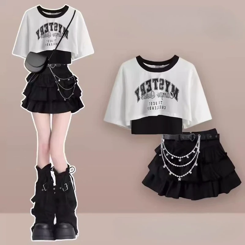 Y2K Sexy Harajuku Letter Print Chain Decor Crop Top Ruffle Tiered Mini Skirt 3 Piece Set Women Girls Daily Wear Clubwear Outfit