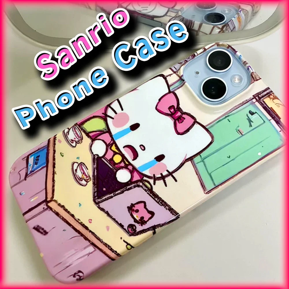 Kawaii Crying Hello Kitty at work Phone Case Sanrio Anime creative Protective Cover for IPhone X 11 12 13 14 15 Pro Max