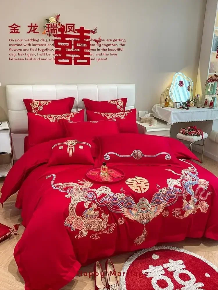 

Chinese Dragon and Phoenix Embroidery Wedding Four Piece Set, Big Red Bed Sheet, Quilt Cover, Pure Cotton Bedding