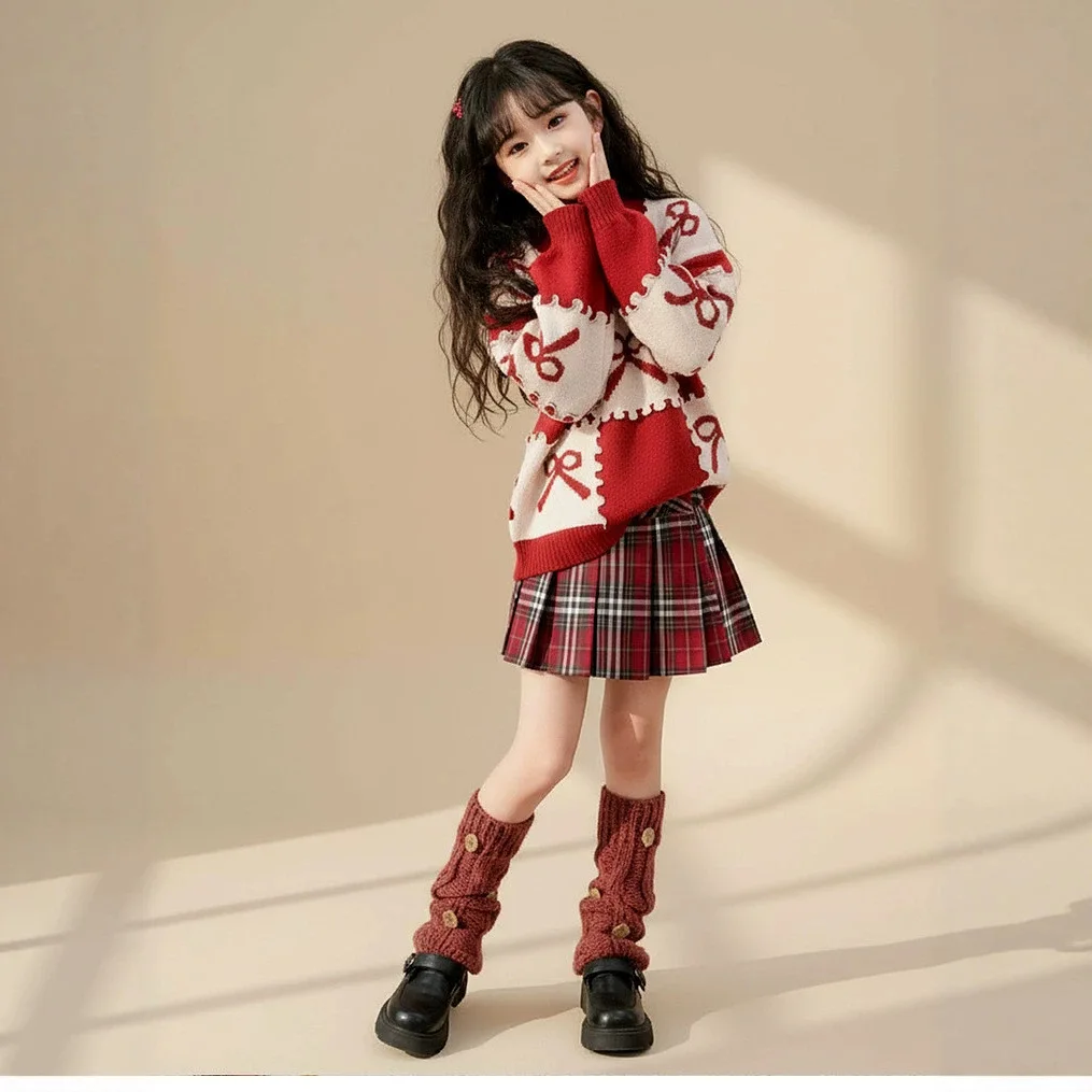 Girls Red Sweater Winter New Baby Girl New Year Clothes Kids Winter Wear Thick Warm Knit Undershirt