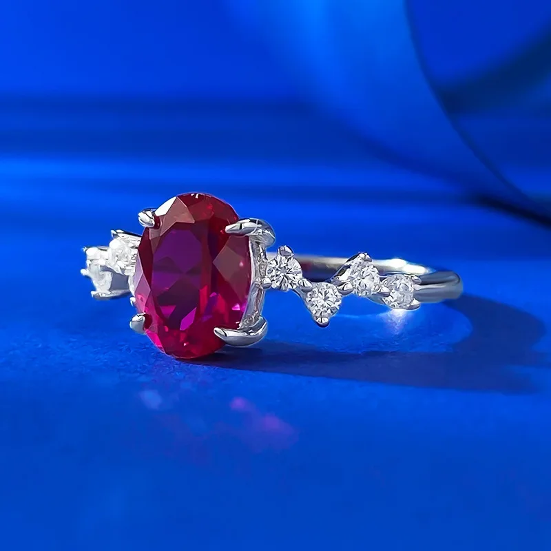 Live Streaming New S925 Silver Simulation Pigeon Blood Red 6 * 8mm Oval Red Corundum Fashionable and Simple Ring