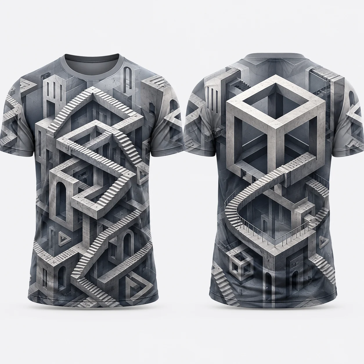 Mens Optical Illusion 3D Print T Shirt Impossible Staircase Geometric Graphic Tee Casual Crew Neck Streetwear Summer Top