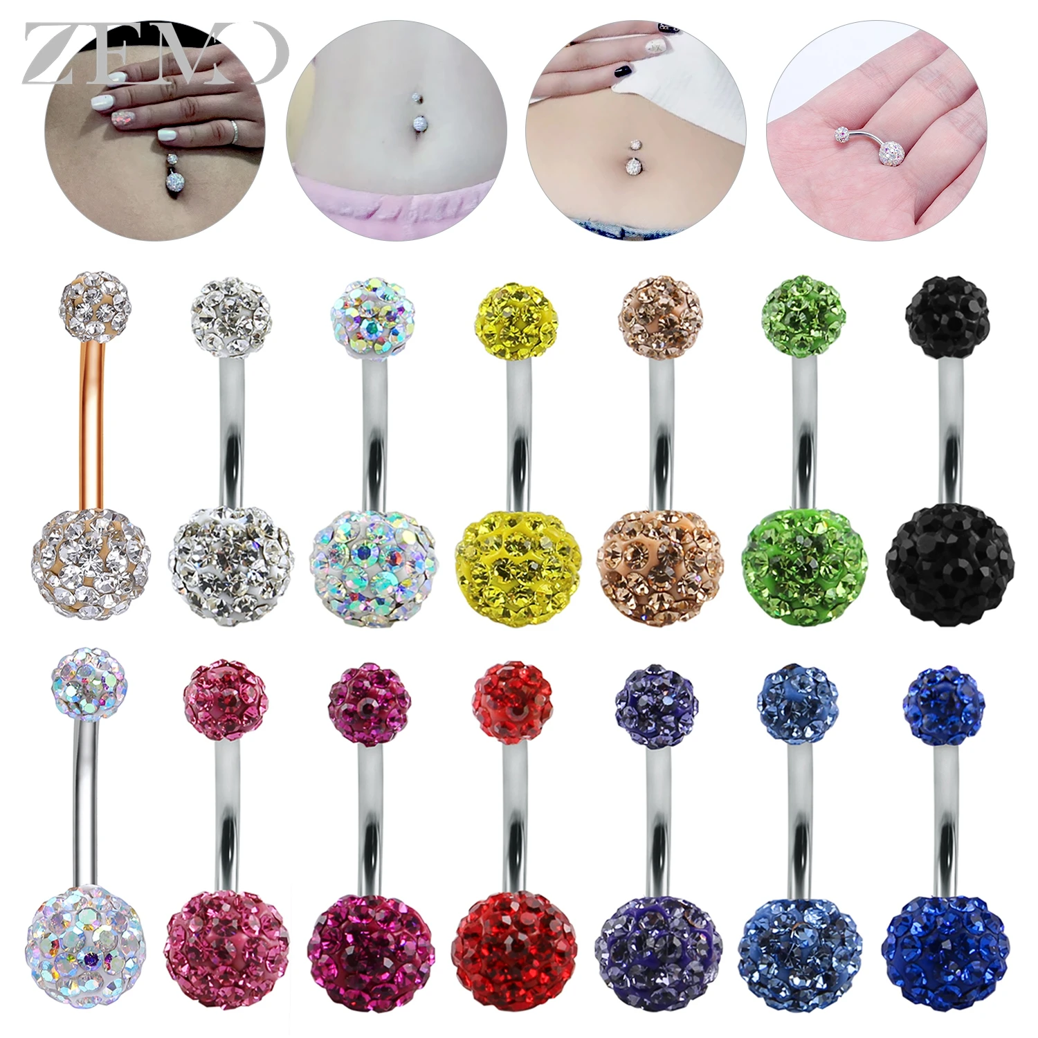 

ZEMO 1 Piece 14G Sexy Stainless Steel Belly Rings Women Men 5/8MM CZ Crystal Navel Ring Colorful Belly Button Piercings Jewelry
