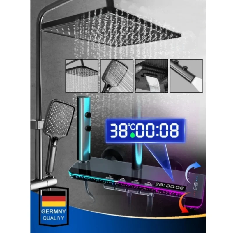 Ensemble de douche gris, système de douche à affichage numérique intelligent à quatre fonctions, ensemble de robinets de douche à clé de Piano mural pressurisé à pluie