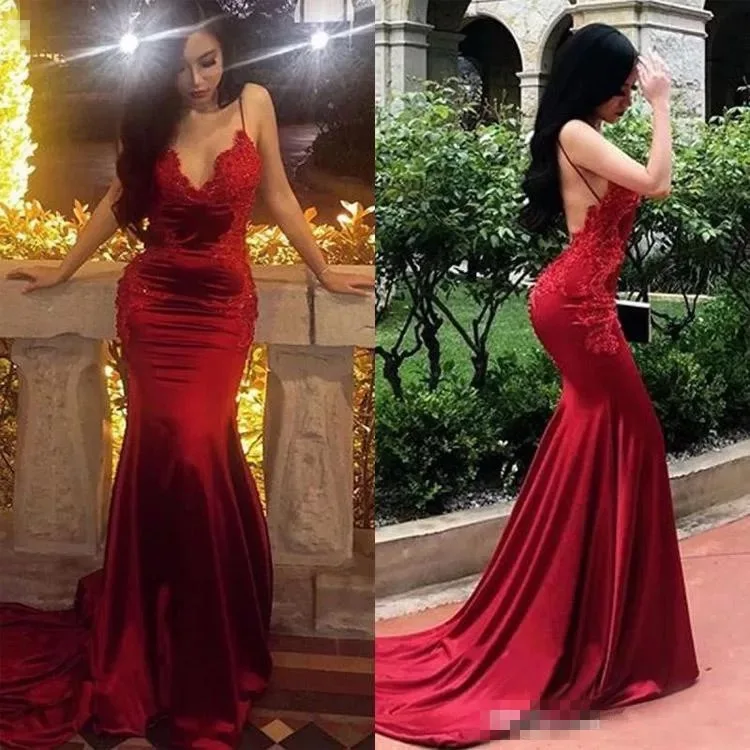 

Dark Red Mermaid Prom Dresses for Black Girls Spaghetti Backless Appliques Beads Long Formal Occasion Dress Evening Party Gowns