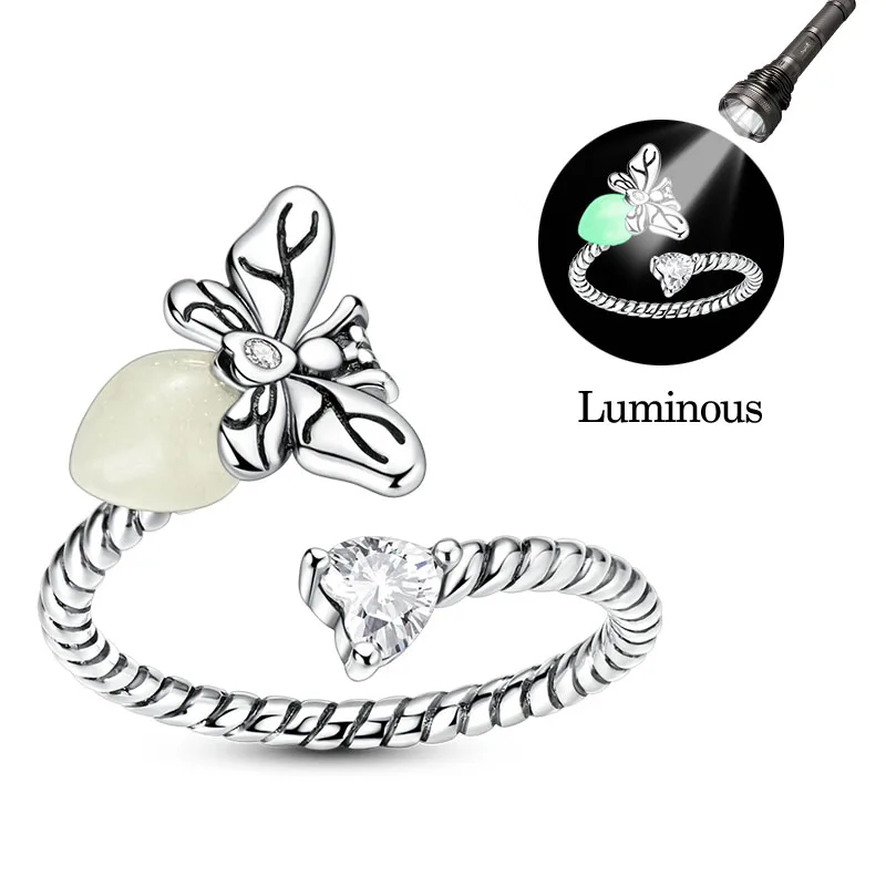 

New Original 925 Sterling Silver Luminous Firefly Opening Ring For Women Fit Wedding Party Jewelry Gift