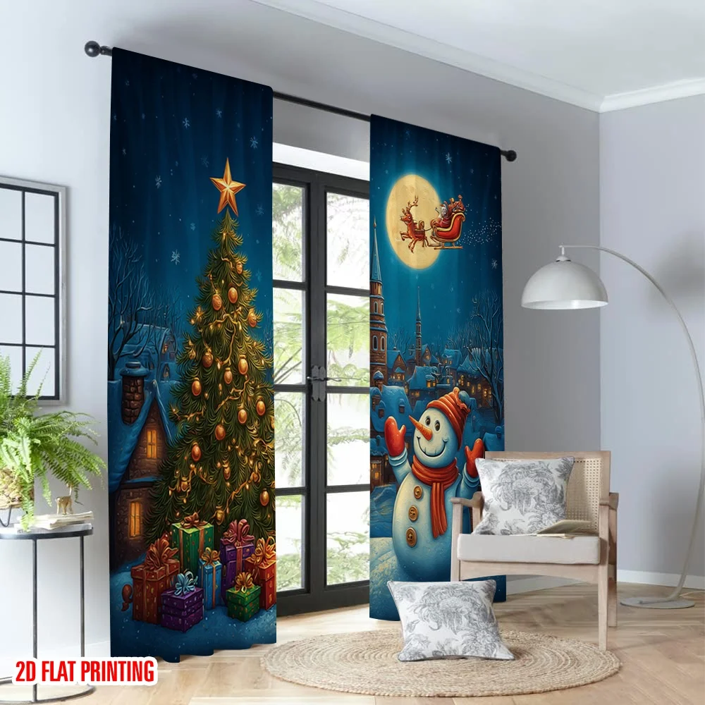 2pcs 2D flat printing Happy Christmas Scene Curtains Christmas Scene Snowman Santa Village Digital Printed Polyester Drapes