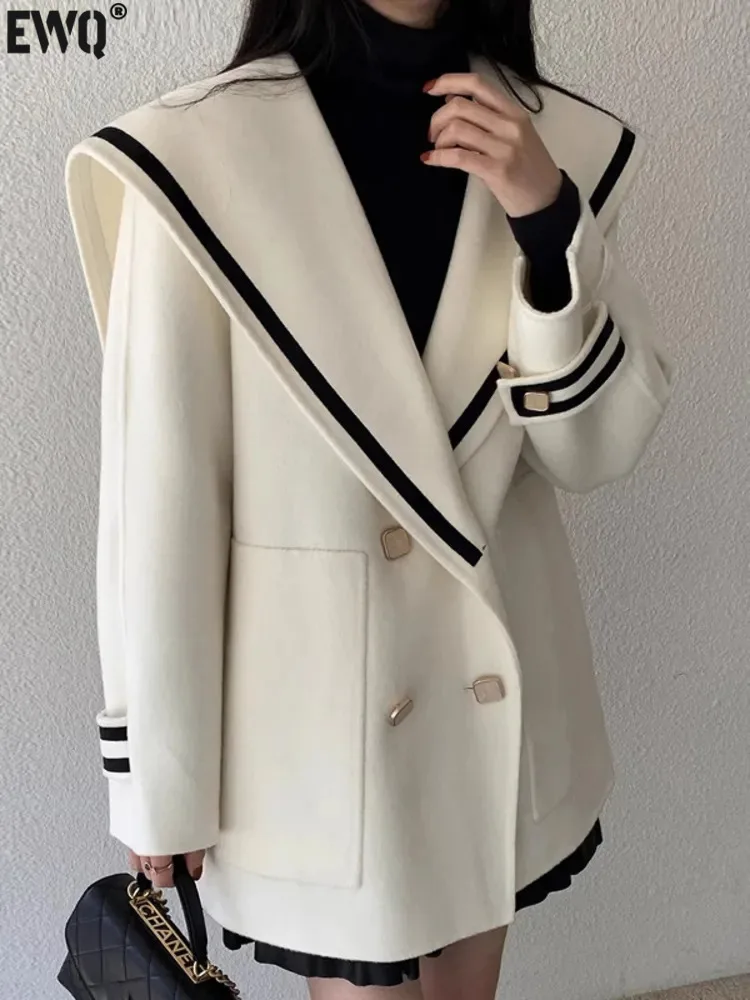 [EWQ] Vintage Casual Contrast Color Striped Double Breasted Big Lapel Cashmere Wool Coats Loose Woolen Jacket Autumn 2024 New