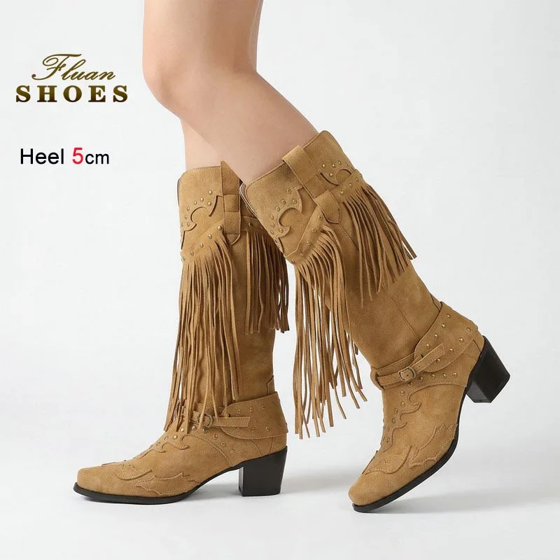 

Новые повседневные женские сапоги-ботфорты в рыцарском стиле с модными кисточками, на толстом каблуке 5 см, высокие сапоги, женская обувь CD