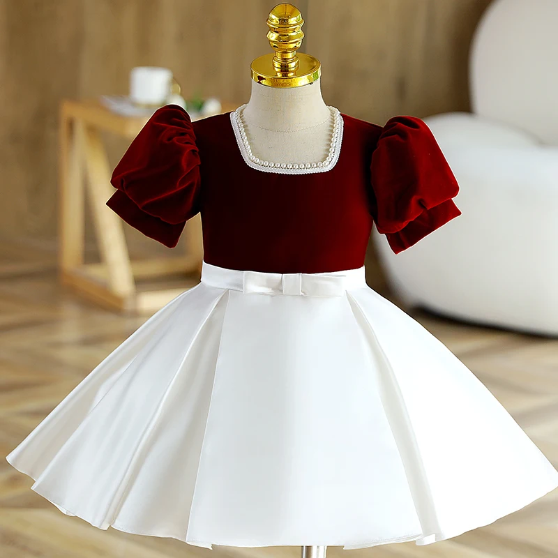 

Girl Kids Simple Red Velvet Patchwork Evening Dress Beading Square Collar Birthday Party Dresses Bow Puff Sleeve Ball Gown