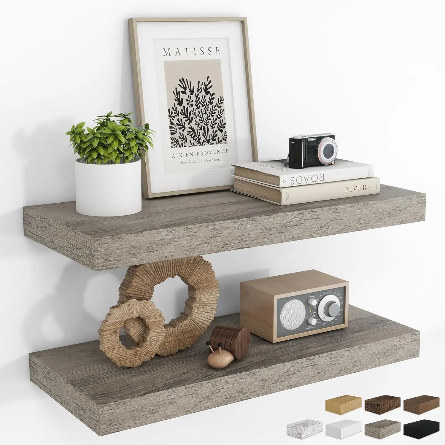 

24Inch Floating Shelves for Wall 2 Pack Rustic Wood Wall Mounted Grey