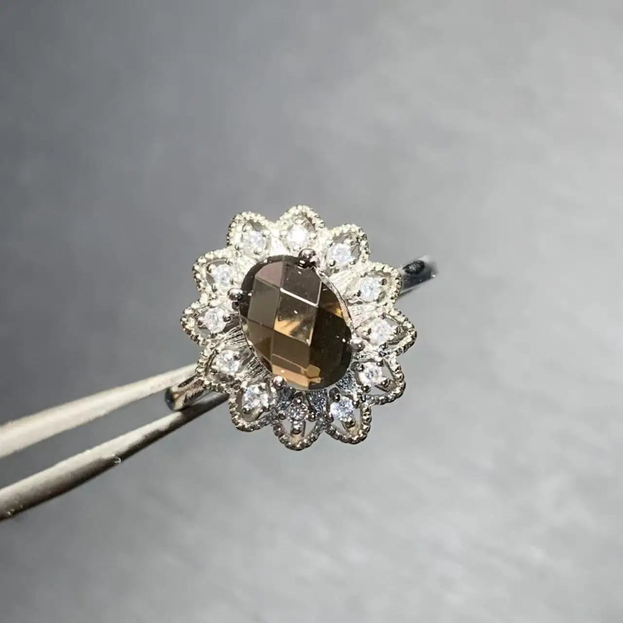HEYYA STONE Natural Smoky Quartz Ring For Women 925 Silver Plated Simple Fine Jewelry Stone Gemstone Classic Style