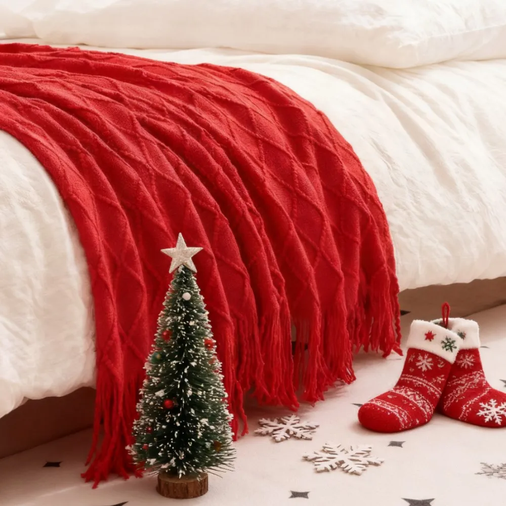 Weihnachten Rot Geschenk Decken Gestrickte Luxus Sofa Decke Nordic Stil Solide Plaid Quaste Bettdecke Abdeckung für Bauernhaus