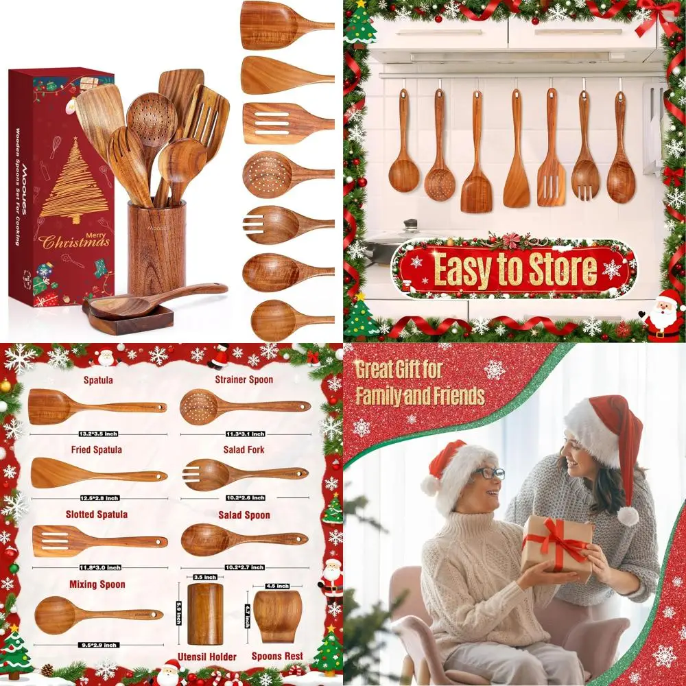

9-Piece Teak Wood Cooking Utensil Set with Spoon Rest - Smooth, Non-Stick, Heat Resistant Kitchen Tools