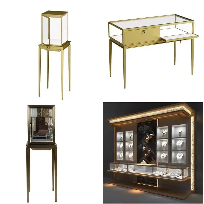 High Quality Metal Jewelry Display Cabinet Floor Standing LED Lighted Round Showcase Counter Shop Furniture Storage Organizer